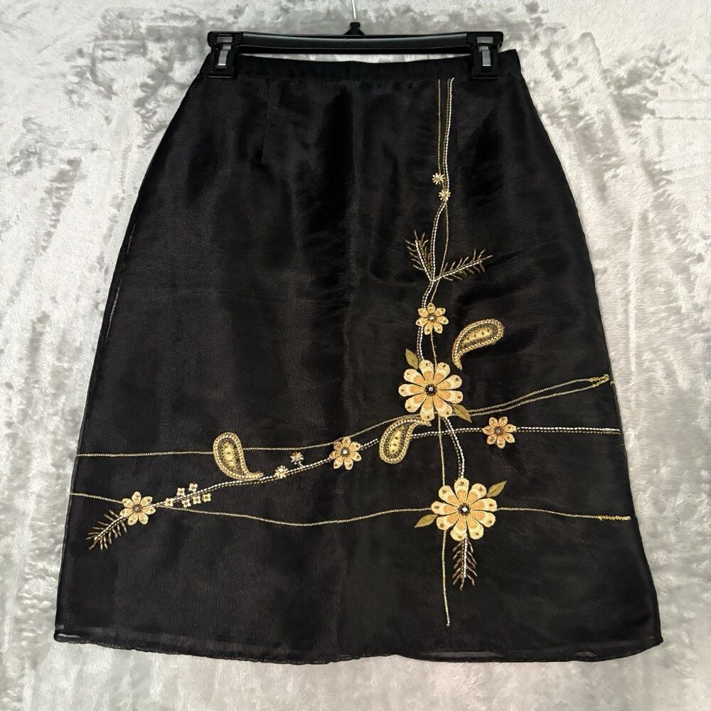 Oxford Style Lab Sheer Black Skirt Embroidered Gold Beaded Boho - SIZE EST. XS